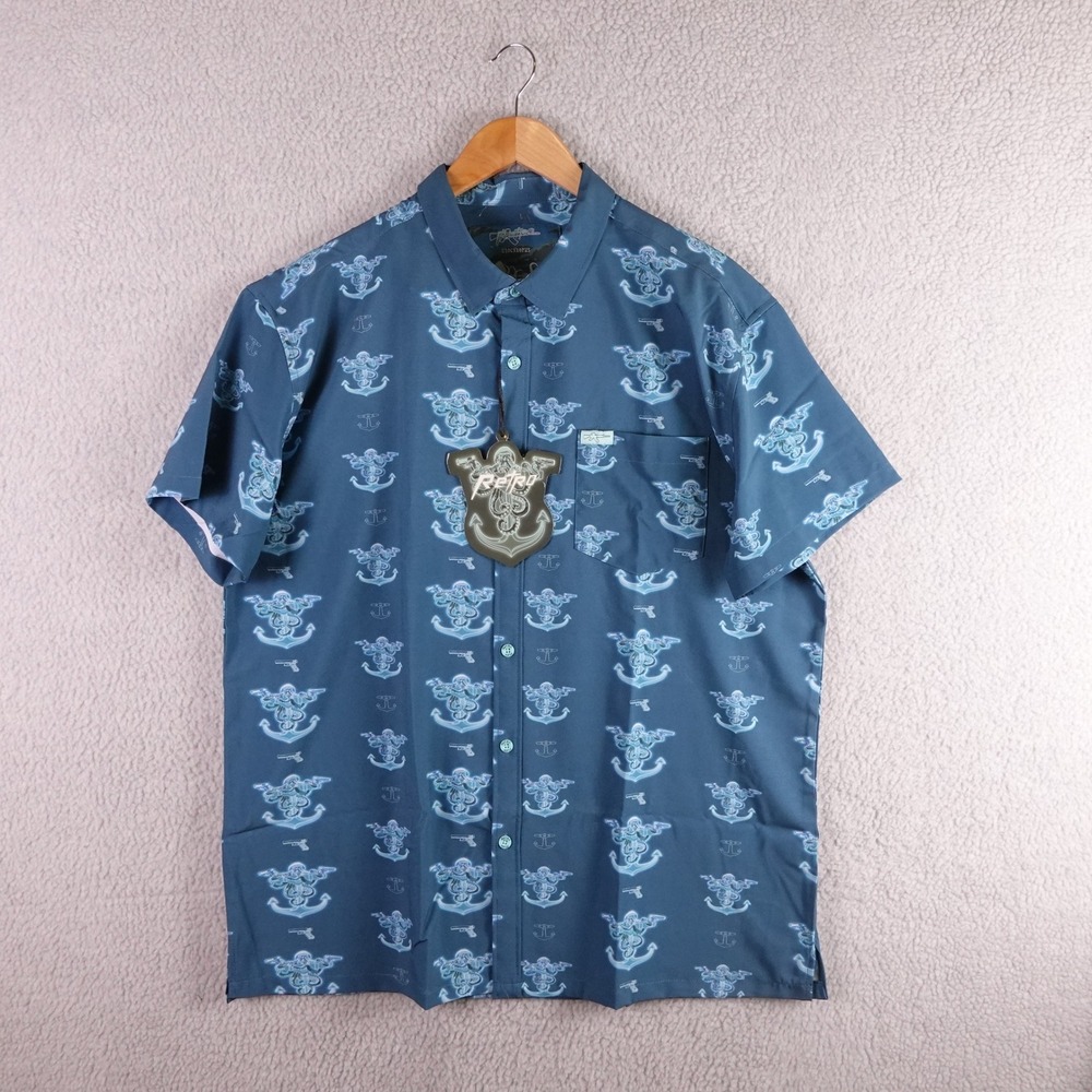 Retro Rifle Mens Glocktopus Short Sleeve Button Down Shirt Teal Blue 2XL‎ NEW